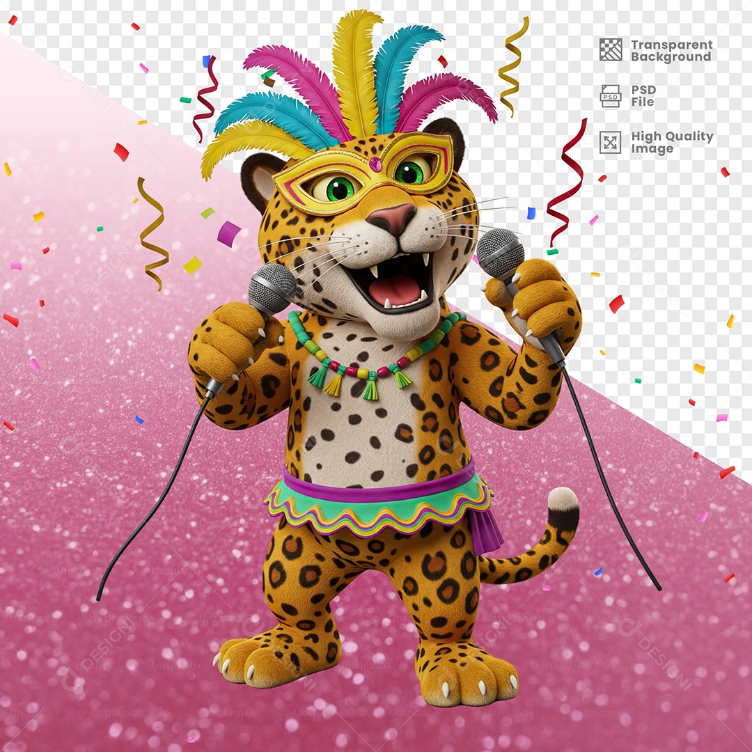 Tigre Com Fantasia de Carnaval Com Microfone Elemento 3D para Composição PSD