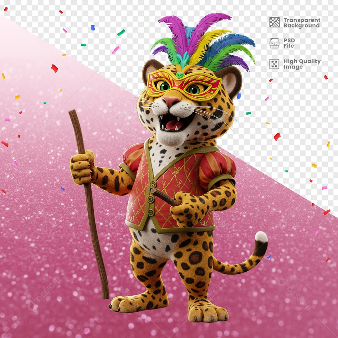 Tigre Com Fantasia de Carnaval Elemento 3D para Composição PSD