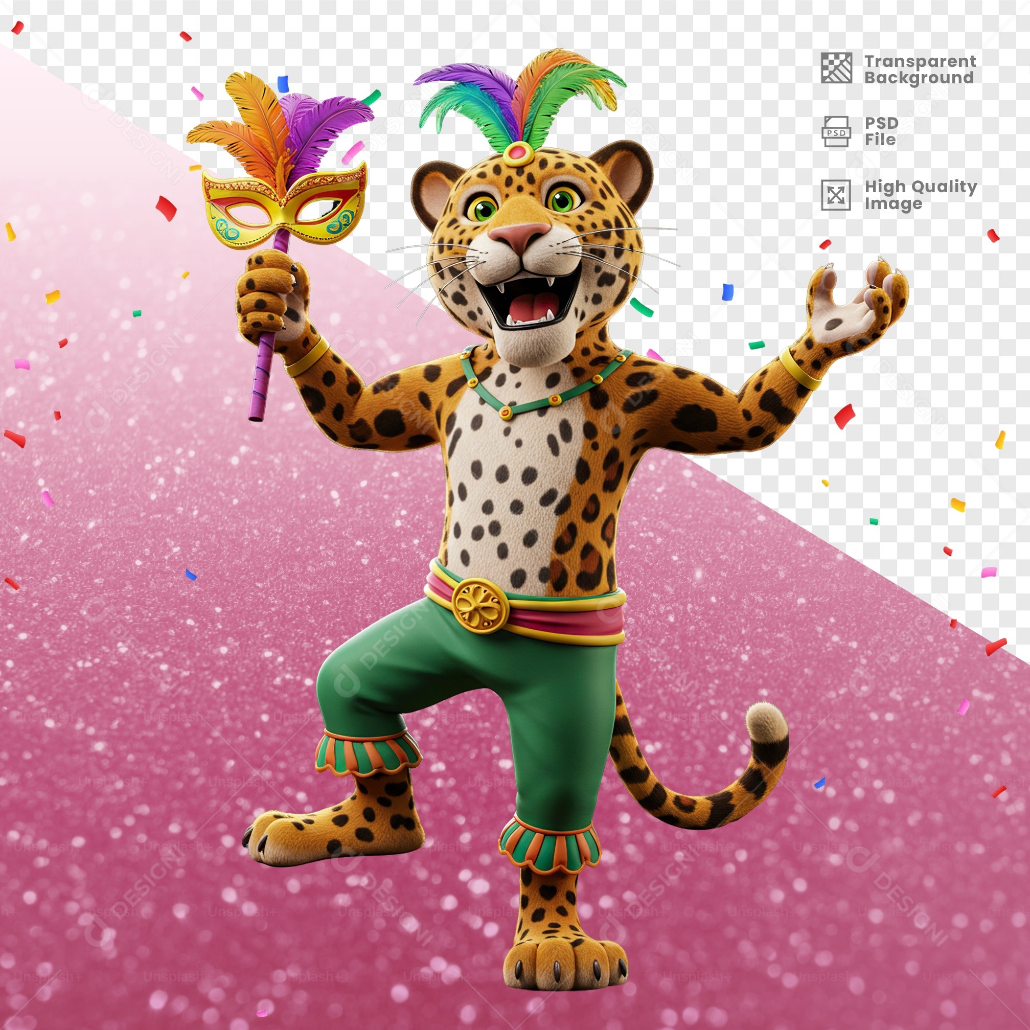 Tigre Com Fantasia de Carnaval Elemento 3D para Composição PSD