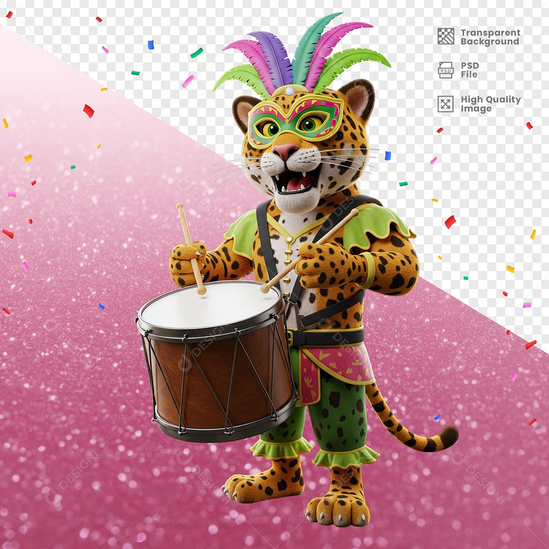 Tigre Com Fantasia de Carnaval Tocando Instrumento Elemento 3D para Composição PSD