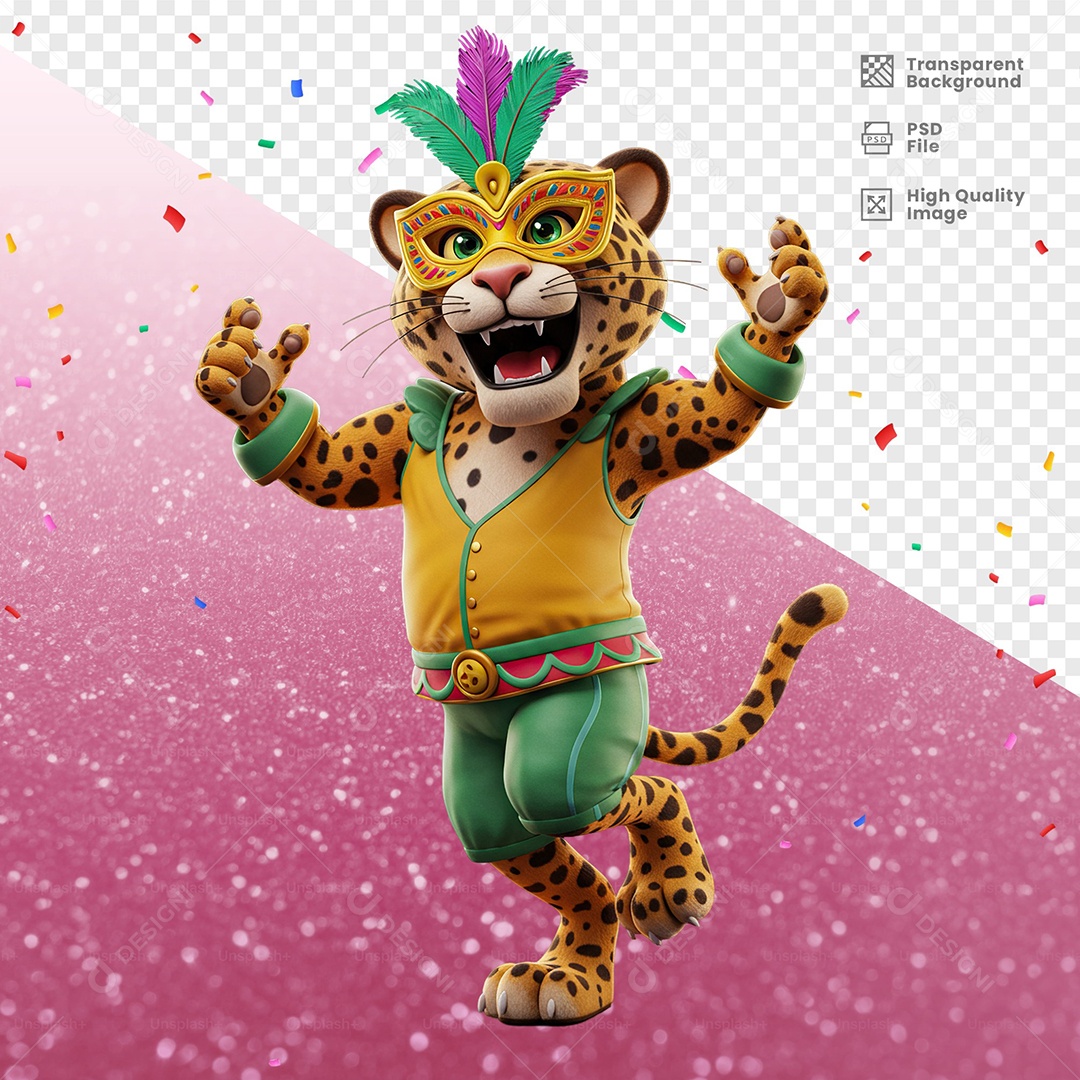 Tigre Com Fantasia de Carnaval Feliz Elemento 3D para Composição PSD