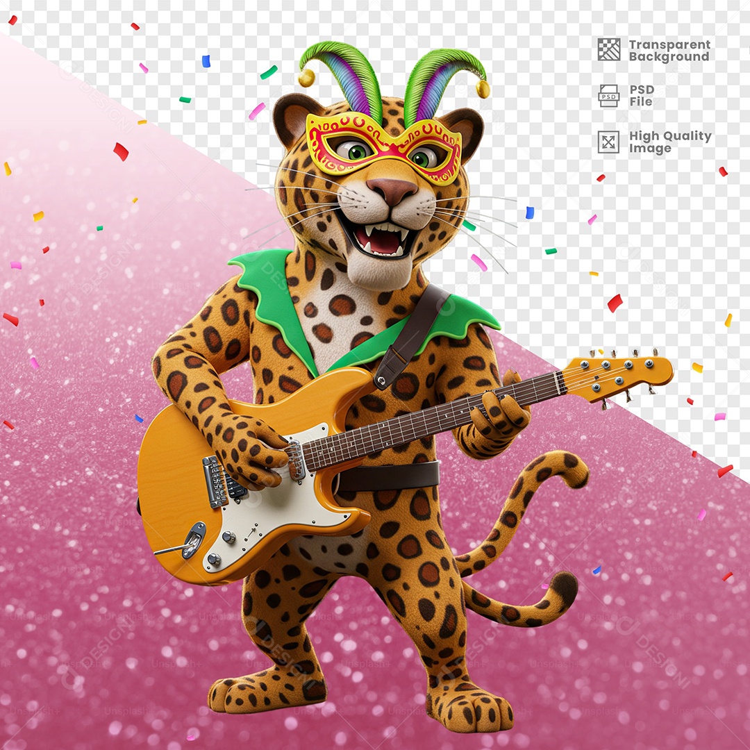 Tigre Com Fantasia de Carnaval Tocando Guitarra Elemento 3D para Composição PSD