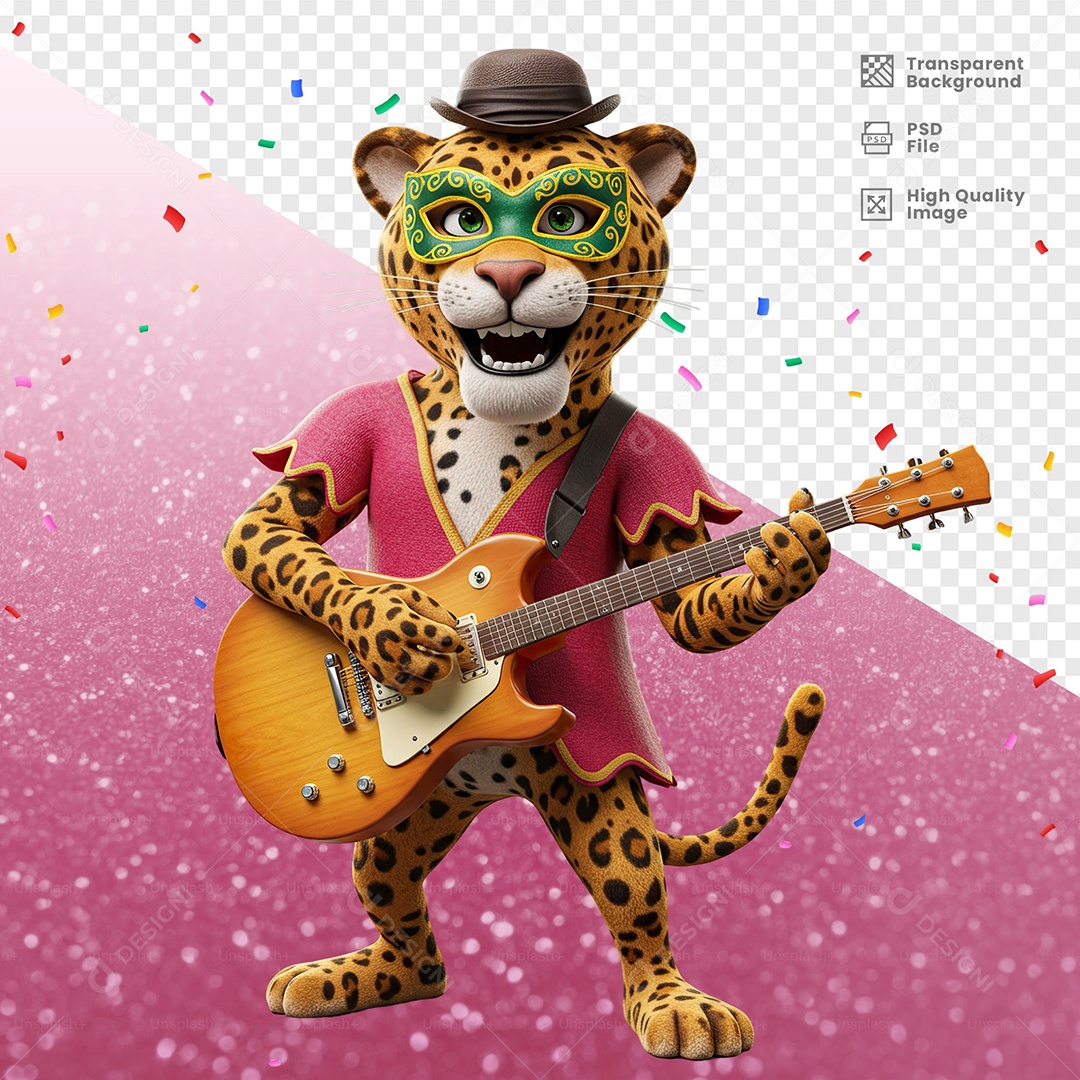 Tigre Com Fantasia de Carnaval Tocando Guitarra Elemento 3D para Composição PSD