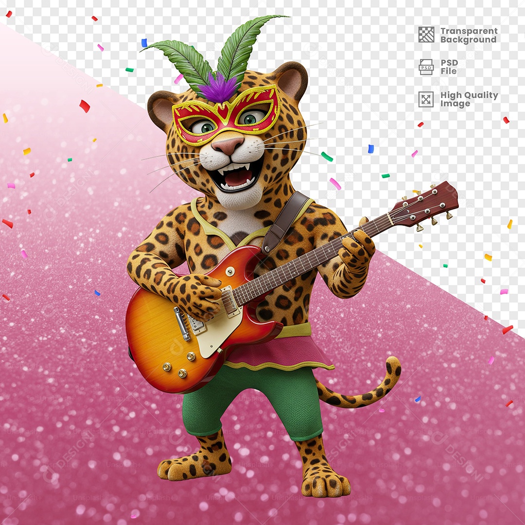 Tigre Com Fantasia de Carnaval Tocando Guitarra Elemento 3D para Composição PSD