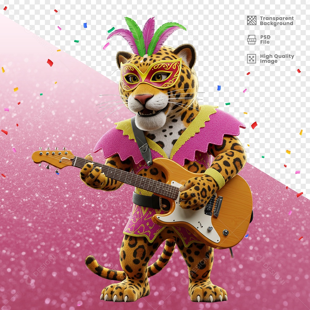 Tigre Com Fantasia de Carnaval Tocando Guitarra Elemento 3D para Composição PSD