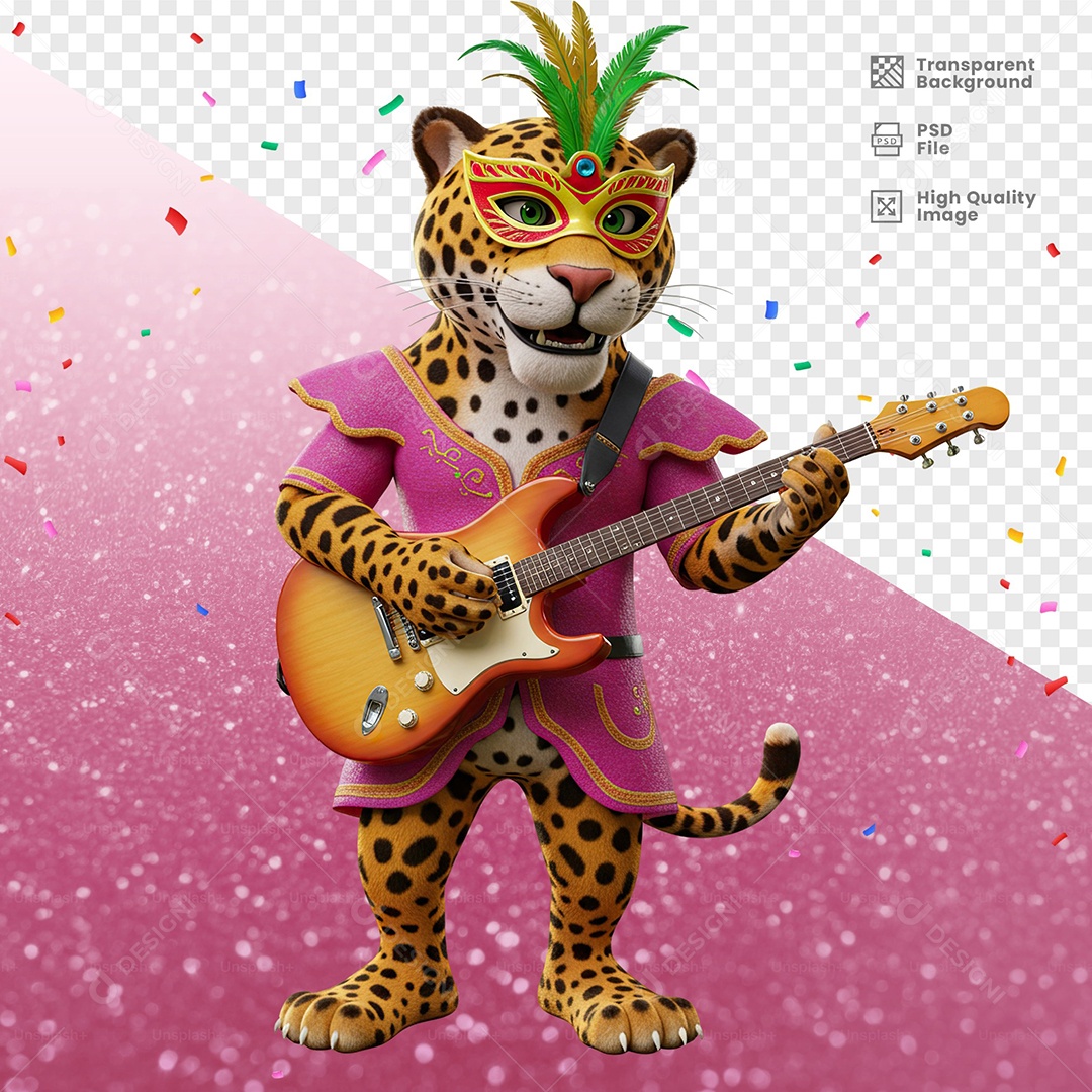 Tigre Com Fantasia de Carnaval Tocando Guitarra Elemento 3D para Composição PSD