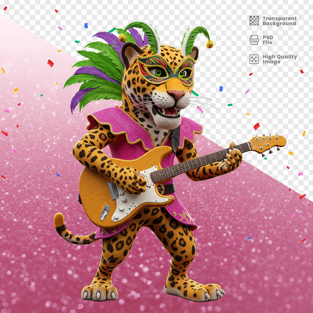 Tigre Com Fantasia de Carnaval Tocando Guitarra Elemento 3D para Composição PSD