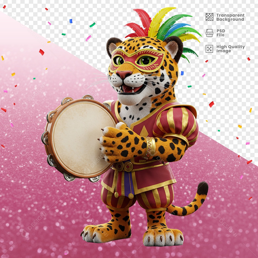 Tigre Com Fantasia de Carnaval Tocando Pandeiro Elemento 3D para Composição PSD