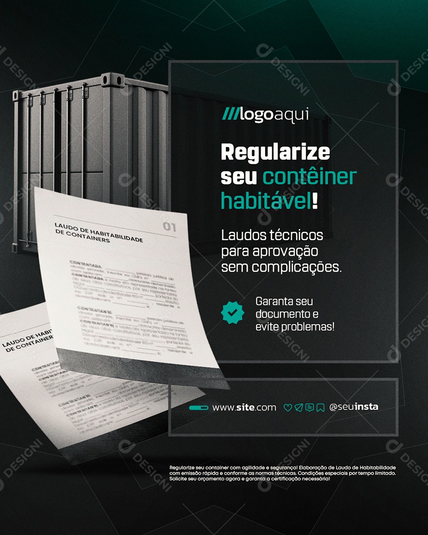 Laudo de Containers Regularize seu Contêiner Habitável Social Media PSD Editável