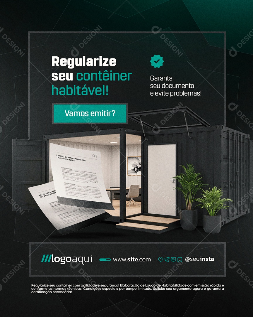 Laudo de Containers Regularize seu Contêiner Habitável Social Media PSD Editável