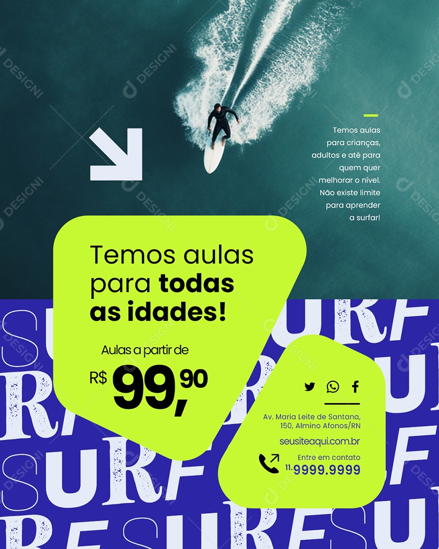 Surfe Temos Aulas para Todas as Idades Social Media PSD Editável