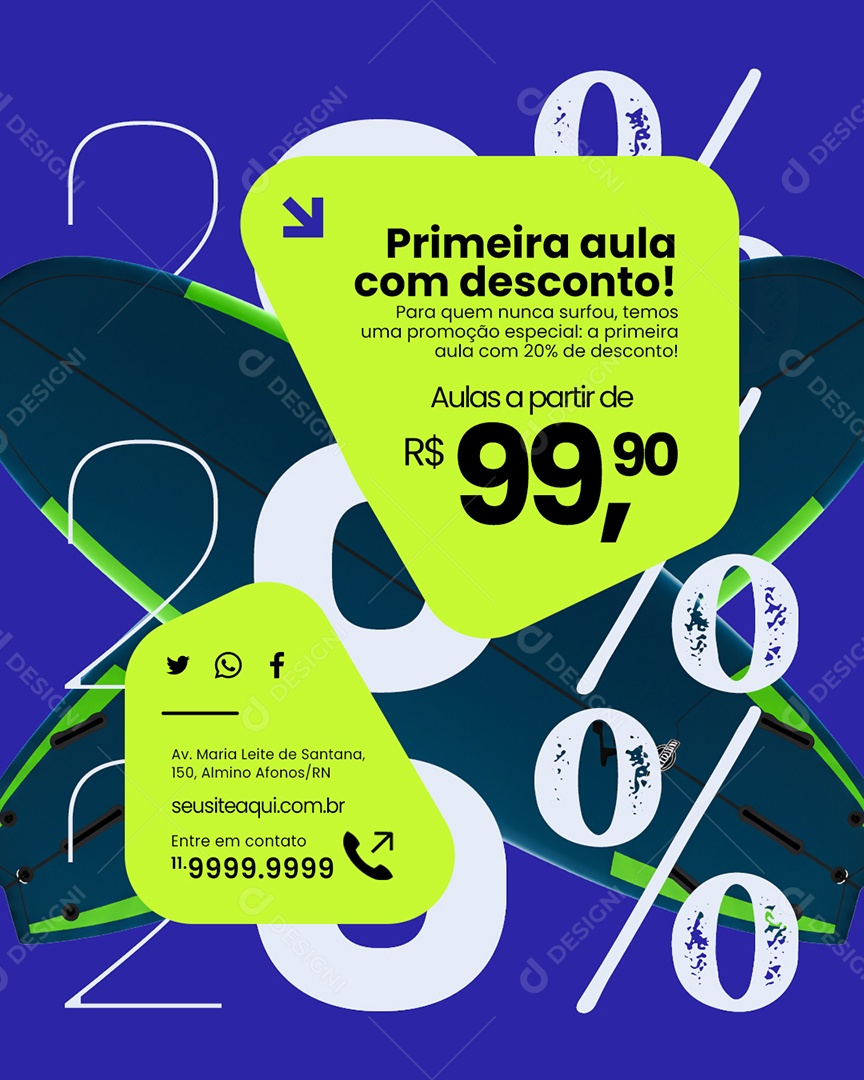 Surfe Primeira Aula com Desconto Social Media PSD Editável