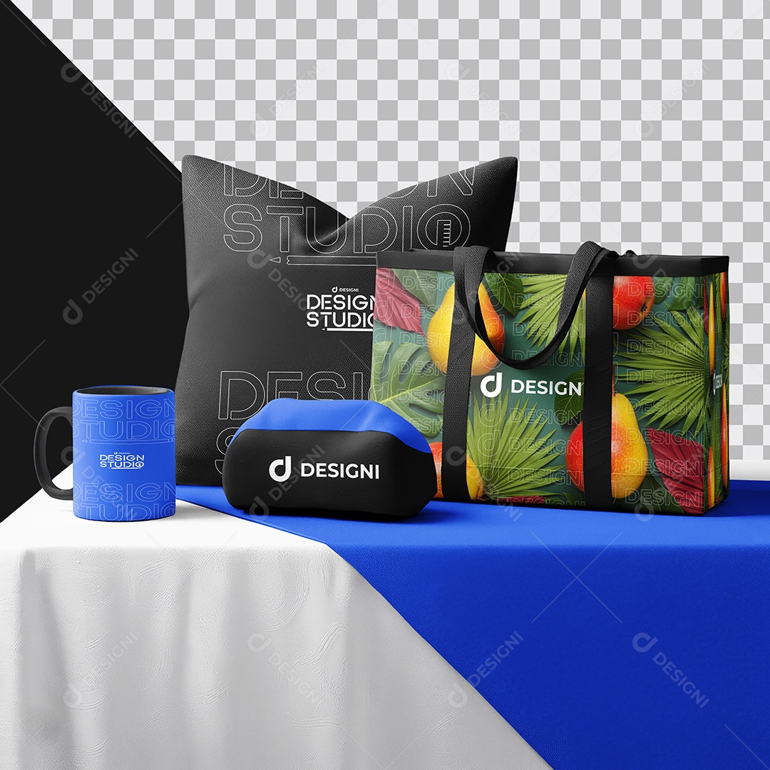 Mockup Kit de Brindes Almofada Bolsa Caneca e Necessaire PSD Editável