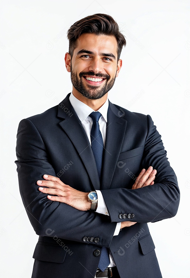 Um retrato de um empresário feliz com os braços cruzados em fundo branco