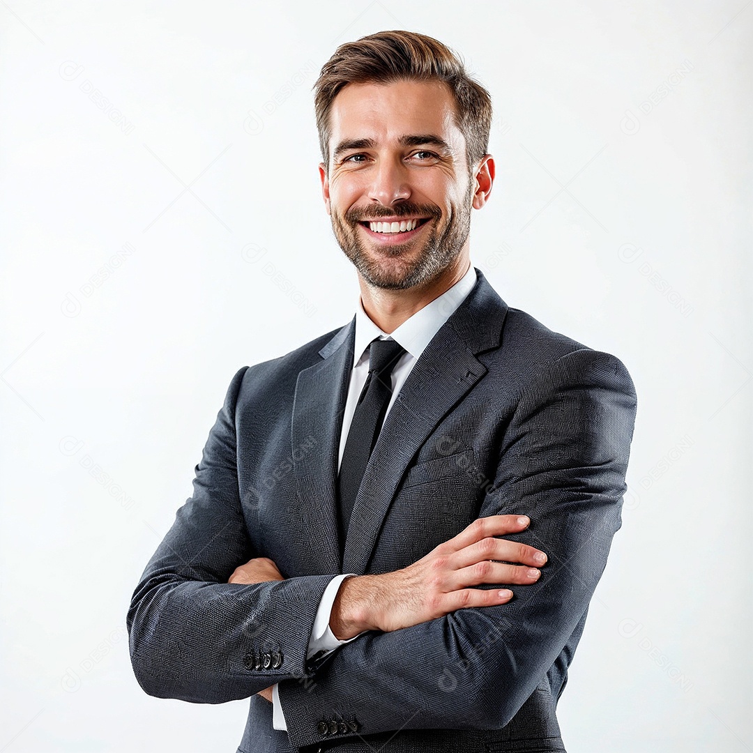 Um retrato de um empresário feliz com os braços cruzados em fundo branco