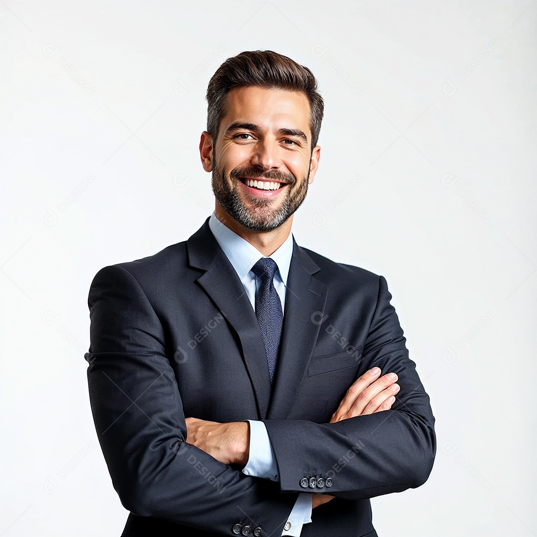 Um retrato de um empresário feliz com os braços cruzados em fundo branco