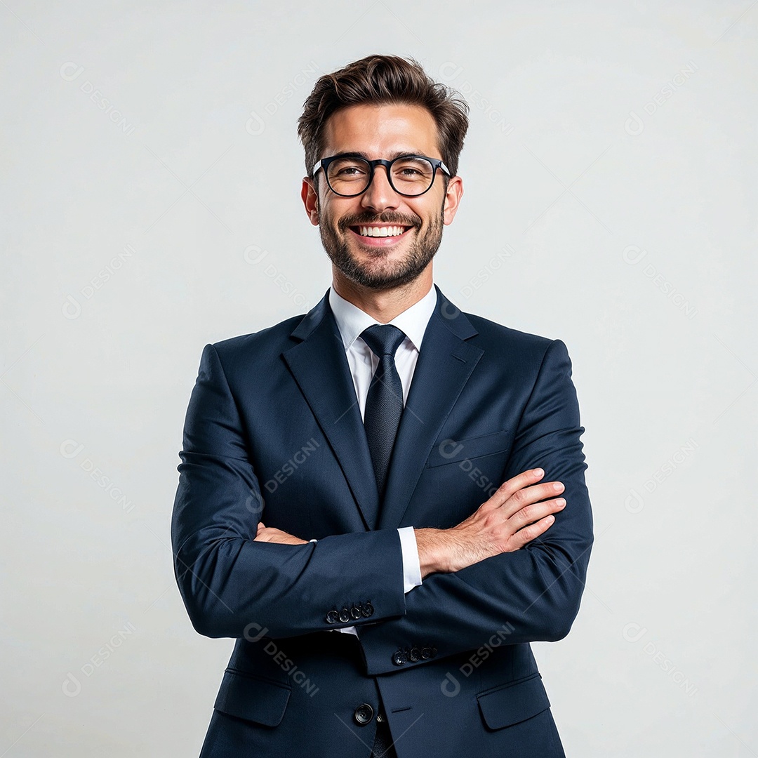 Um retrato de um empresário feliz com os braços cruzados em fundo branco