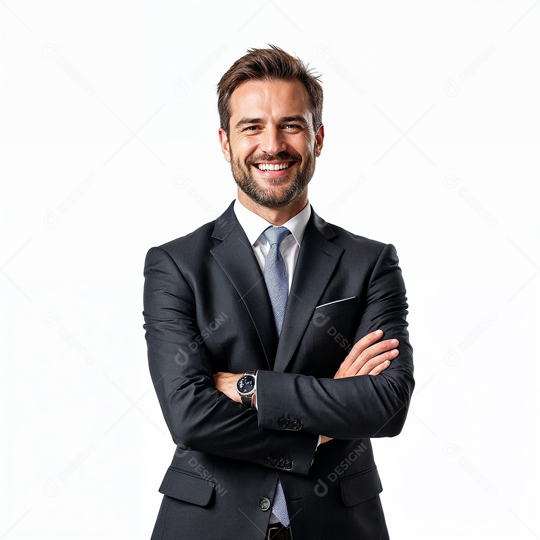 Um retrato de um empresário feliz com os braços cruzados em fundo branco