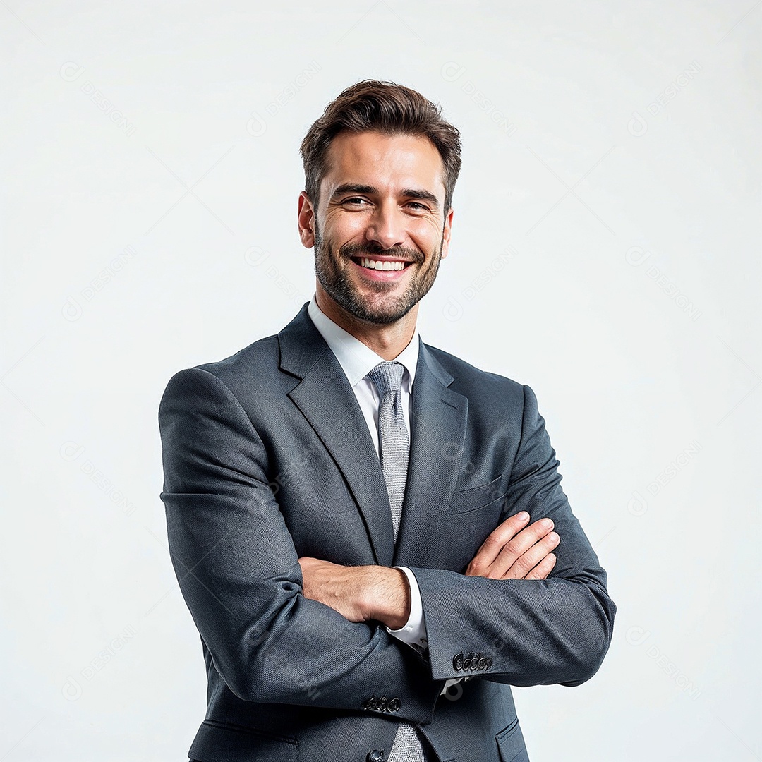 Um retrato de um empresário feliz com os braços cruzados em fundo branco