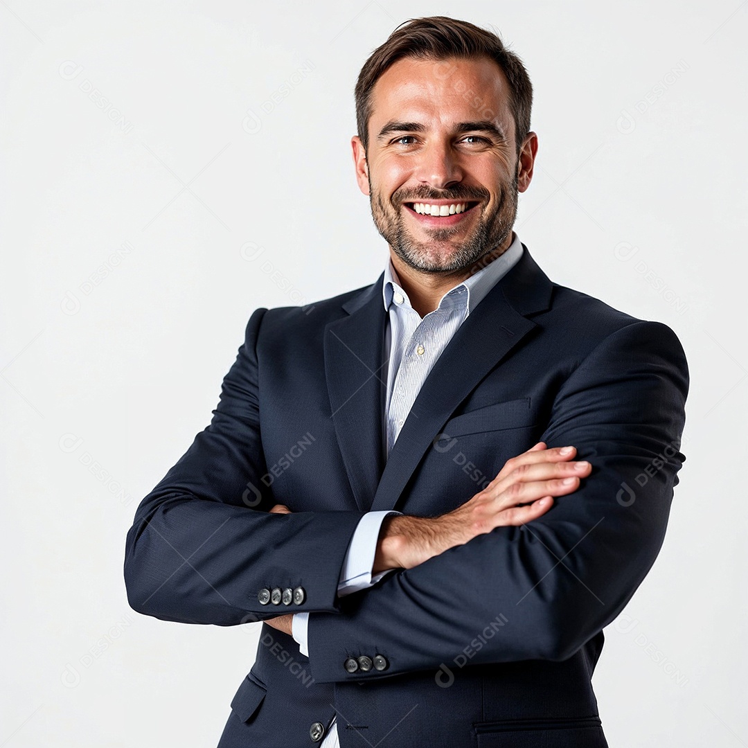 Um retrato de um empresário feliz com os braços cruzados em fundo branco