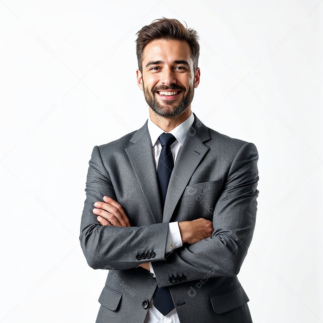 Um retrato de um empresário feliz com os braços cruzados em fundo branco