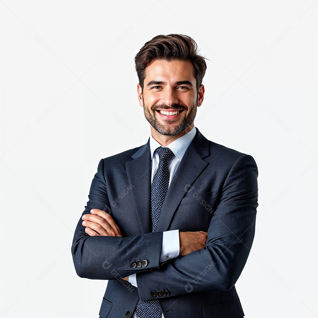 Um retrato de um empresário feliz com os braços cruzados em fundo branco