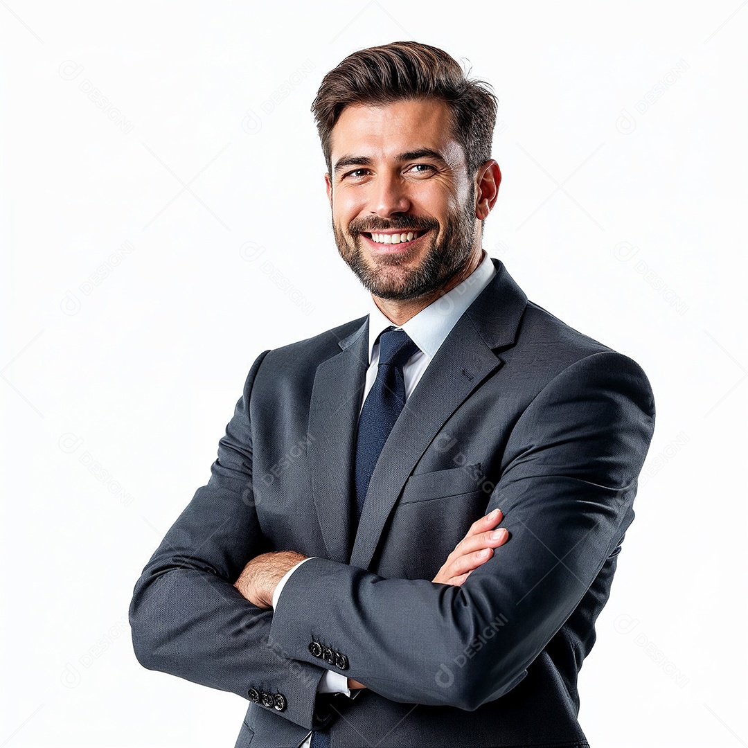 Um retrato de um empresário feliz com os braços cruzados em fundo branco