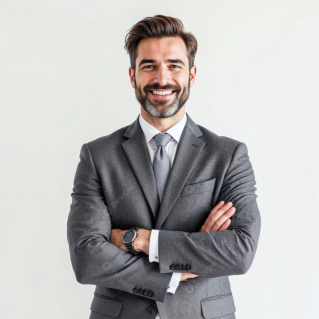 Um retrato de um empresário feliz com os braços cruzados em fundo branco