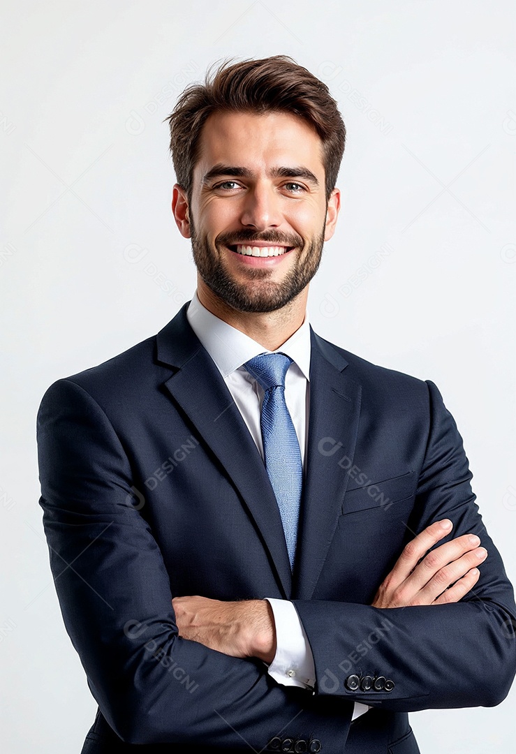 Um retrato de um empresário feliz com os braços cruzados em fundo branco