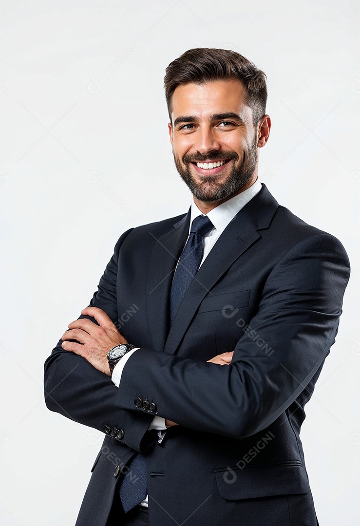 Um retrato de um empresário feliz com os braços cruzados em fundo branco