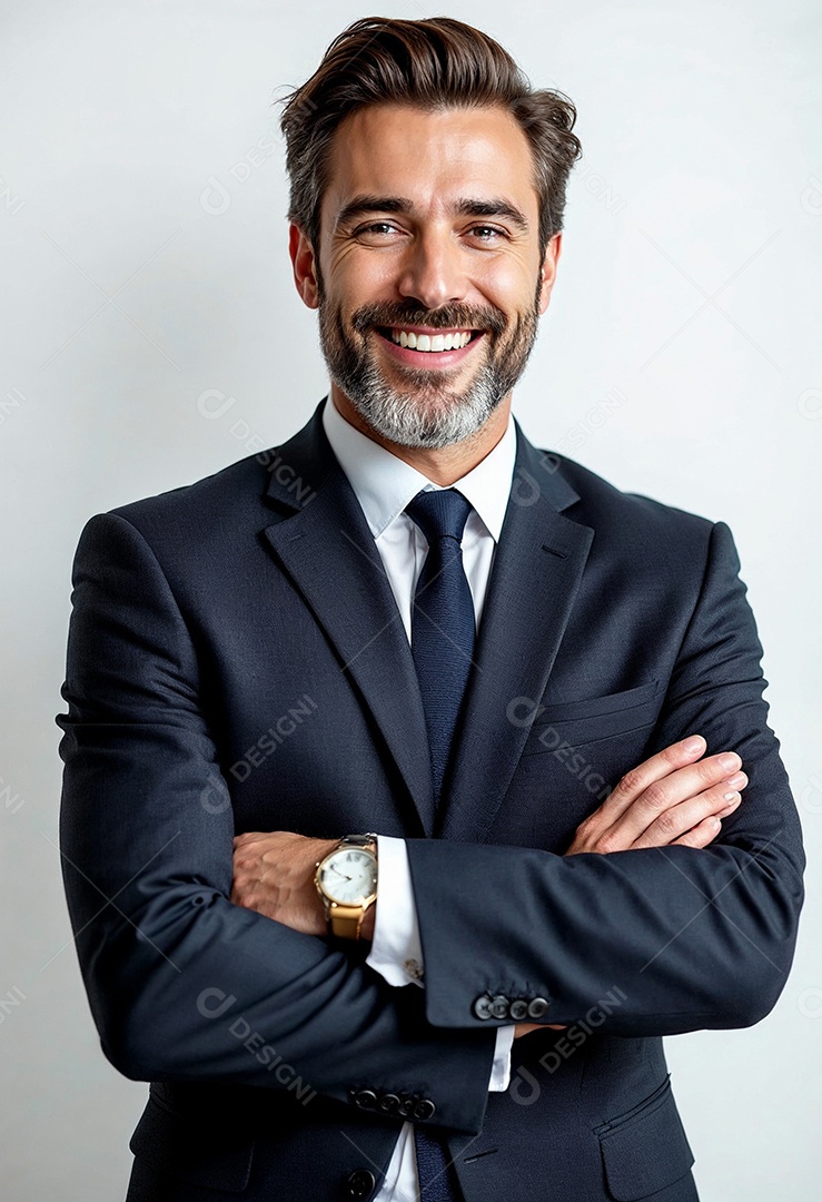 Um retrato de um empresário feliz com os braços cruzados em fundo branco