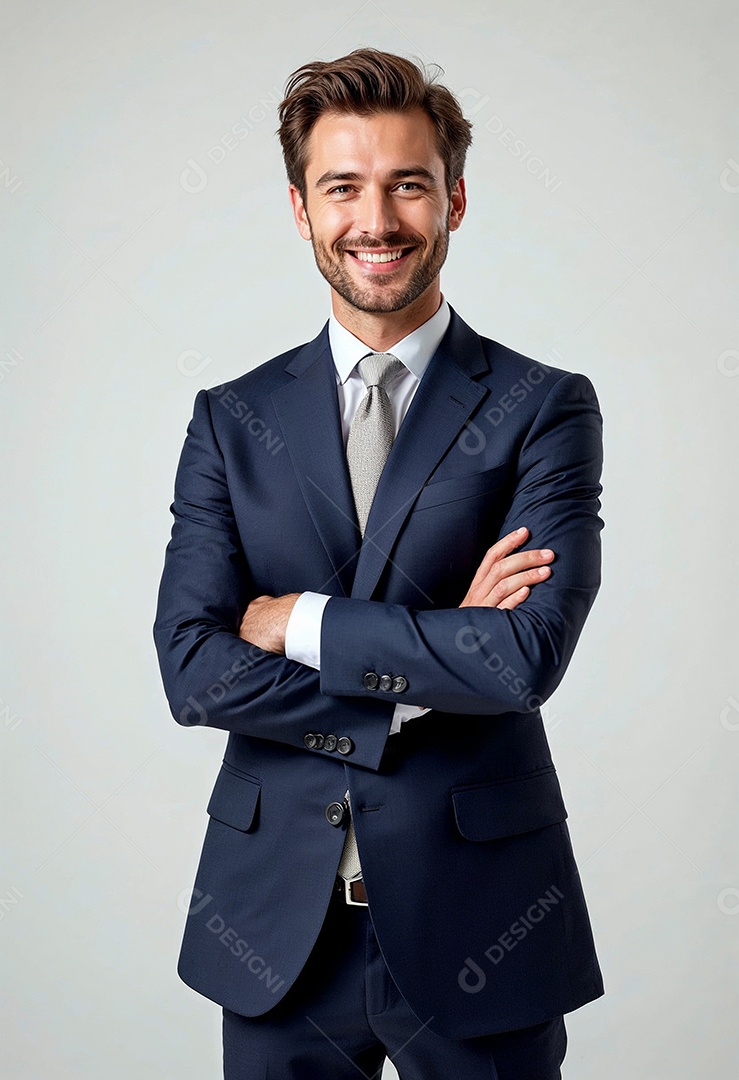 Um retrato de um empresário feliz com os braços cruzados em fundo branco