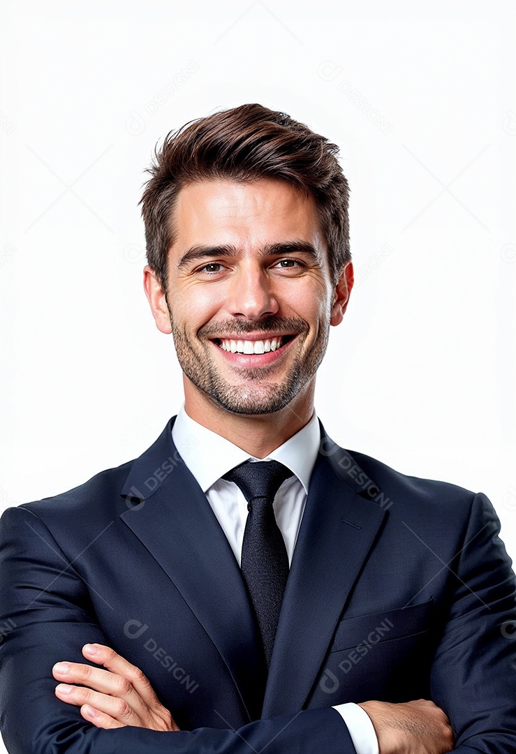 Um retrato de um empresário feliz com os braços cruzados em fundo branco