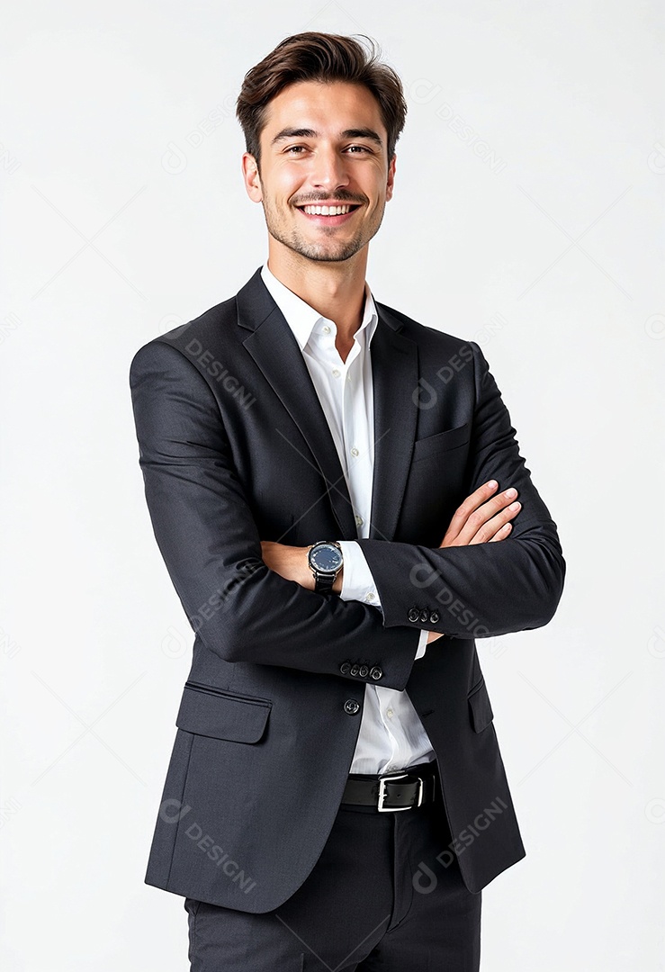 Um retrato de um empresário feliz com os braços cruzados em fundo branco
