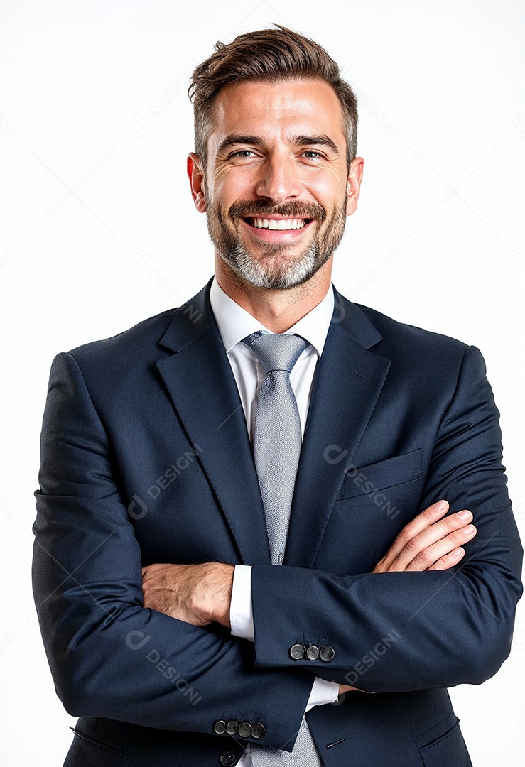 Um retrato de um empresário feliz com os braços cruzados em fundo branco