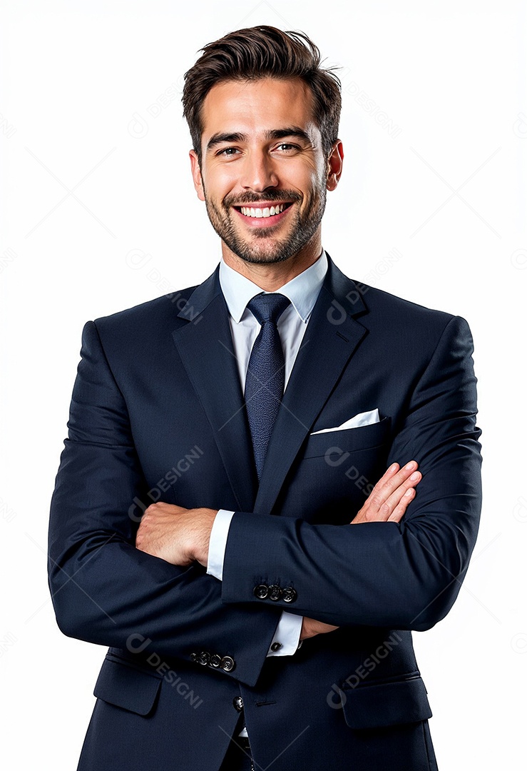 Um retrato de um empresário feliz com os braços cruzados em fundo branco