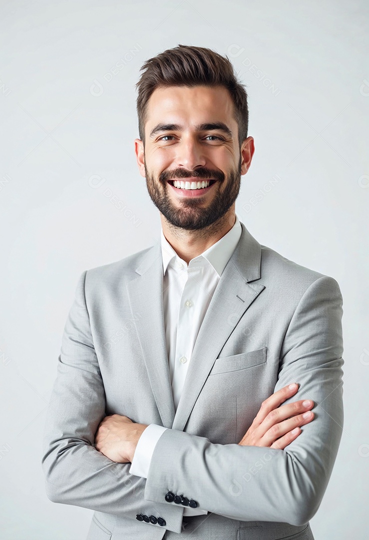 Um retrato de um empresário feliz com os braços cruzados em fundo branco
