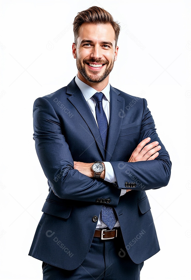 Um retrato de um empresário feliz com os braços cruzados em fundo branco