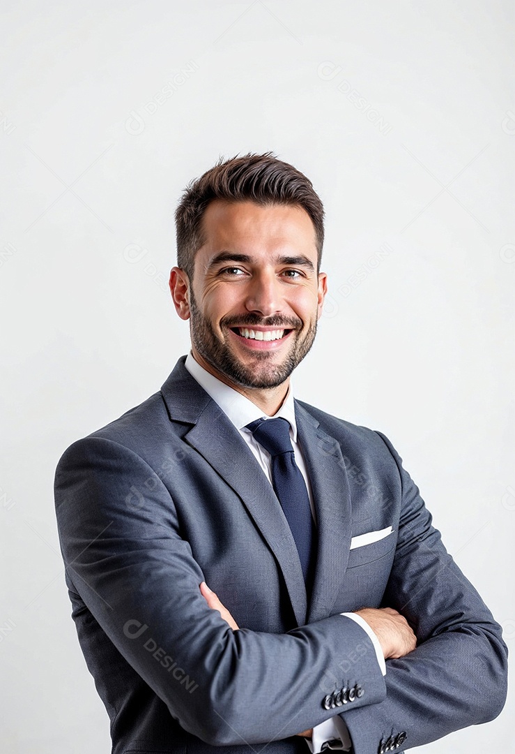 Um retrato de um empresário feliz com os braços cruzados em fundo branco