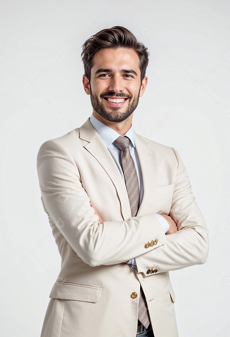 Um retrato de um empresário feliz com os braços cruzados em fundo branco