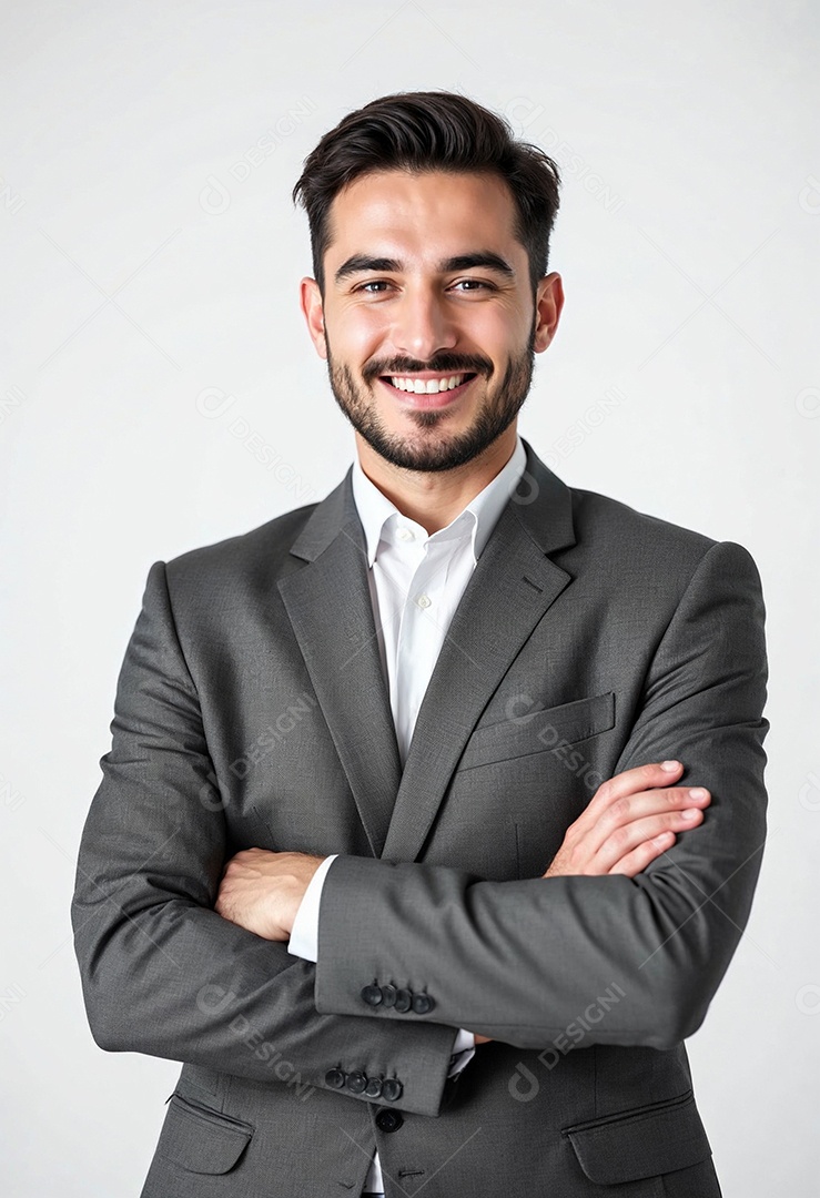 Um retrato de um empresário feliz com os braços cruzados em fundo branco