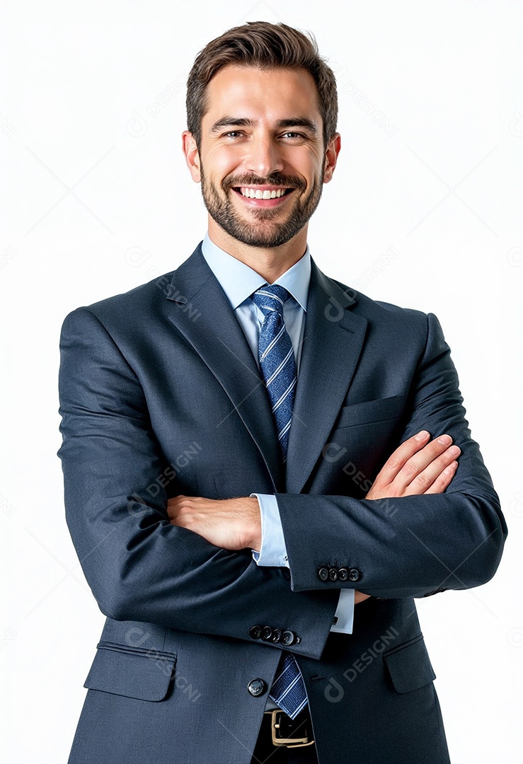 Um retrato de um empresário feliz com os braços cruzados em fundo branco