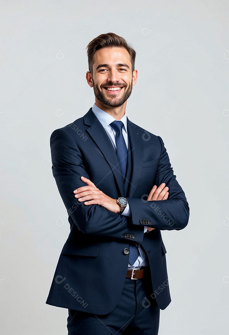 Um retrato de um empresário feliz com os braços cruzados em fundo branco