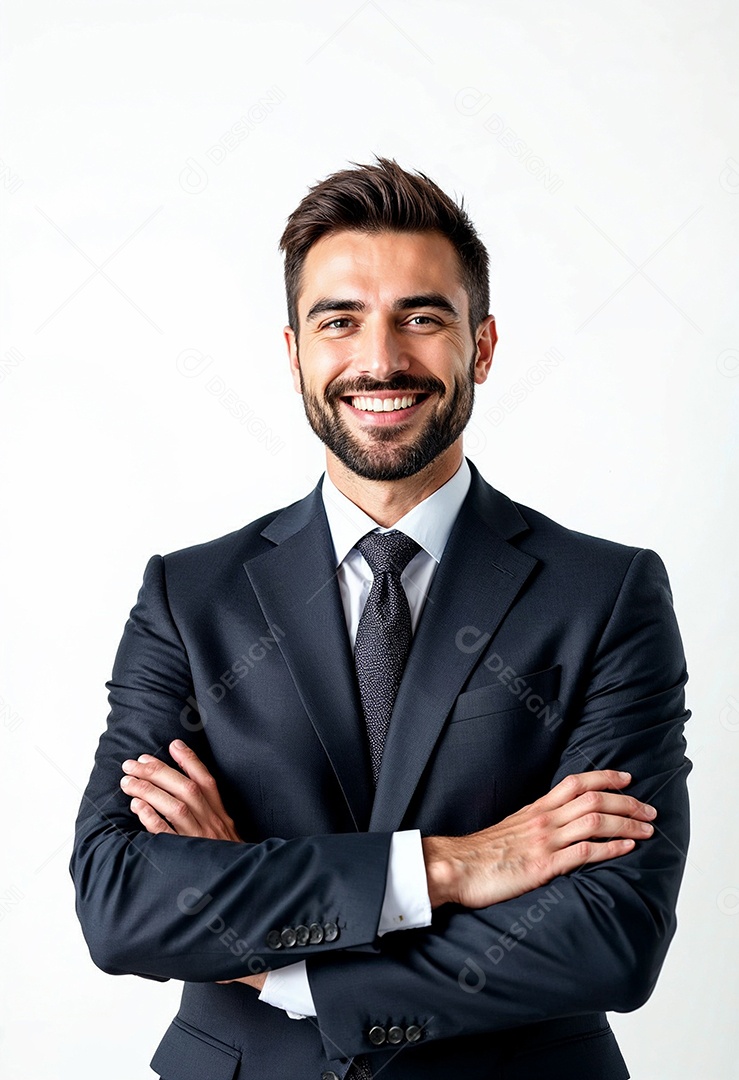 Um retrato de um empresário feliz com os braços cruzados em fundo branco