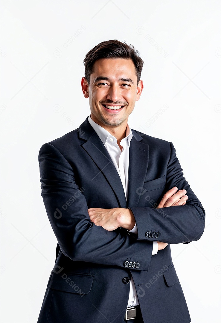 Um retrato de um empresário feliz com os braços cruzados em fundo branco