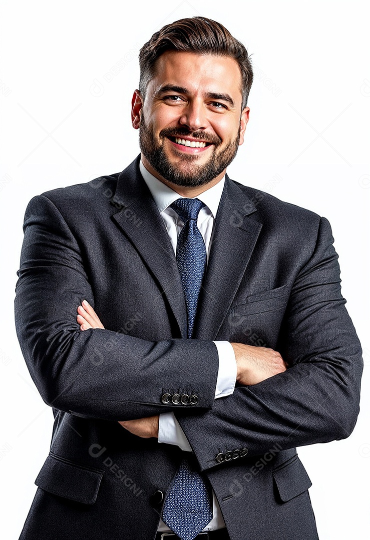 Um retrato de um empresário feliz com os braços cruzados em fundo branco