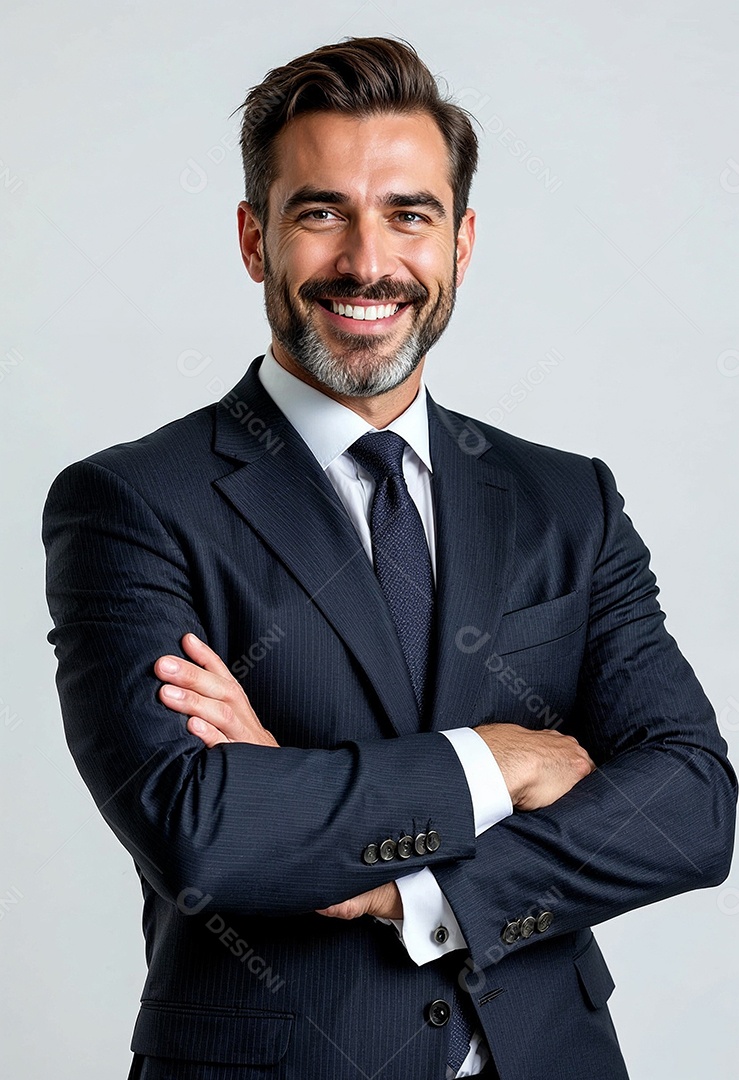 Um retrato de um empresário feliz com os braços cruzados em fundo branco