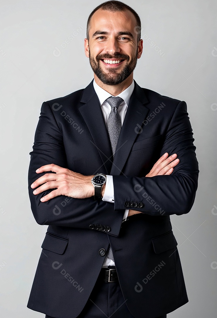 Um retrato de um empresário feliz com os braços cruzados em fundo branco