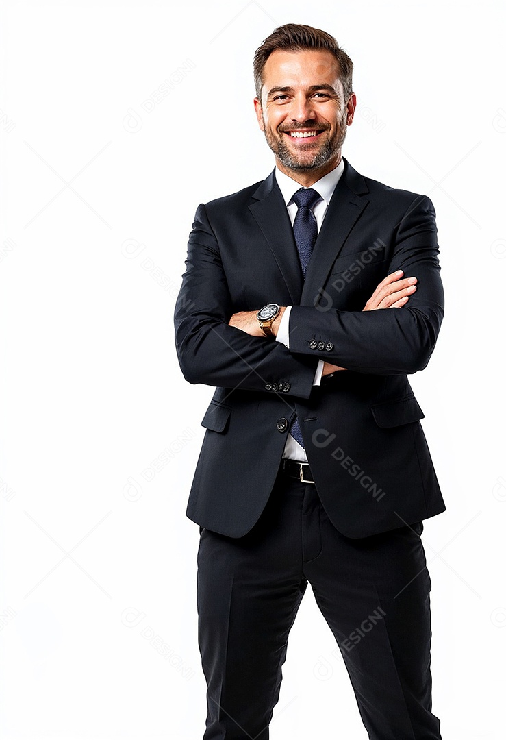 Um retrato de um empresário feliz com os braços cruzados em fundo branco