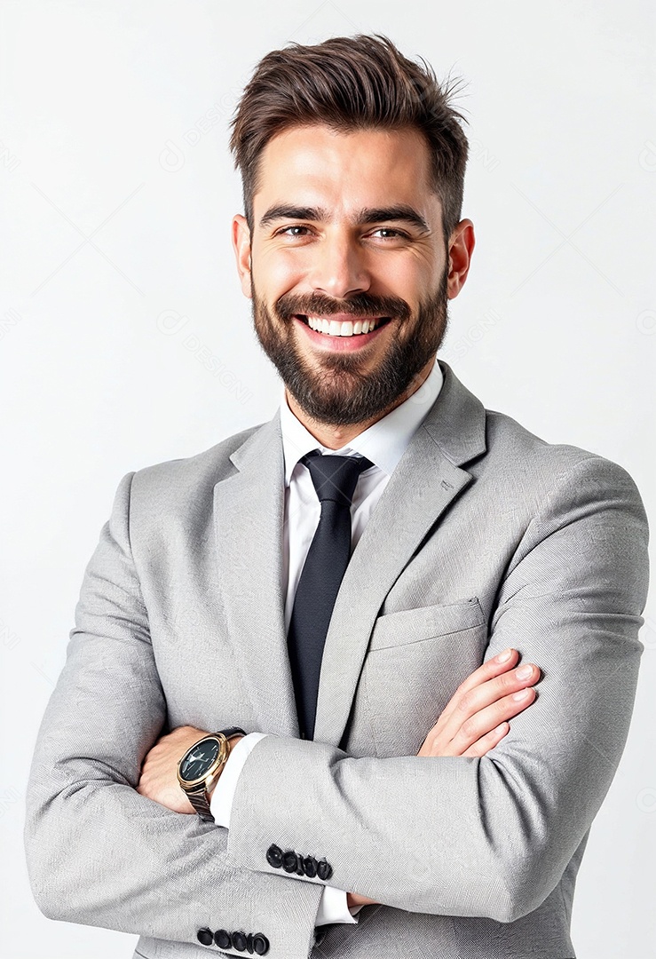Um retrato de um empresário feliz com os braços cruzados em fundo branco